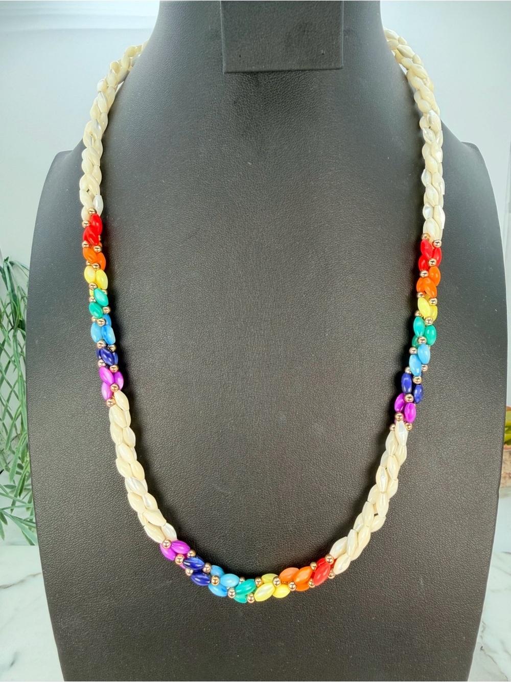 Vintage Rainbow Mother Of Pearl Necklace 3 Strand Twisted Bead 22” Retro Jewelry